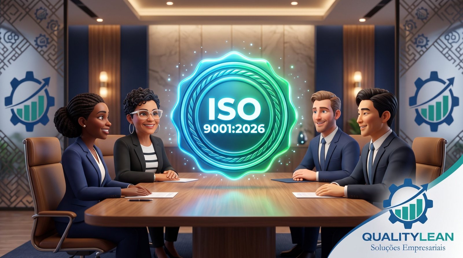Liderança reunida em volta de um selo ISO 9001:2026, ilustração sobre cultura da qualidade e alta direção