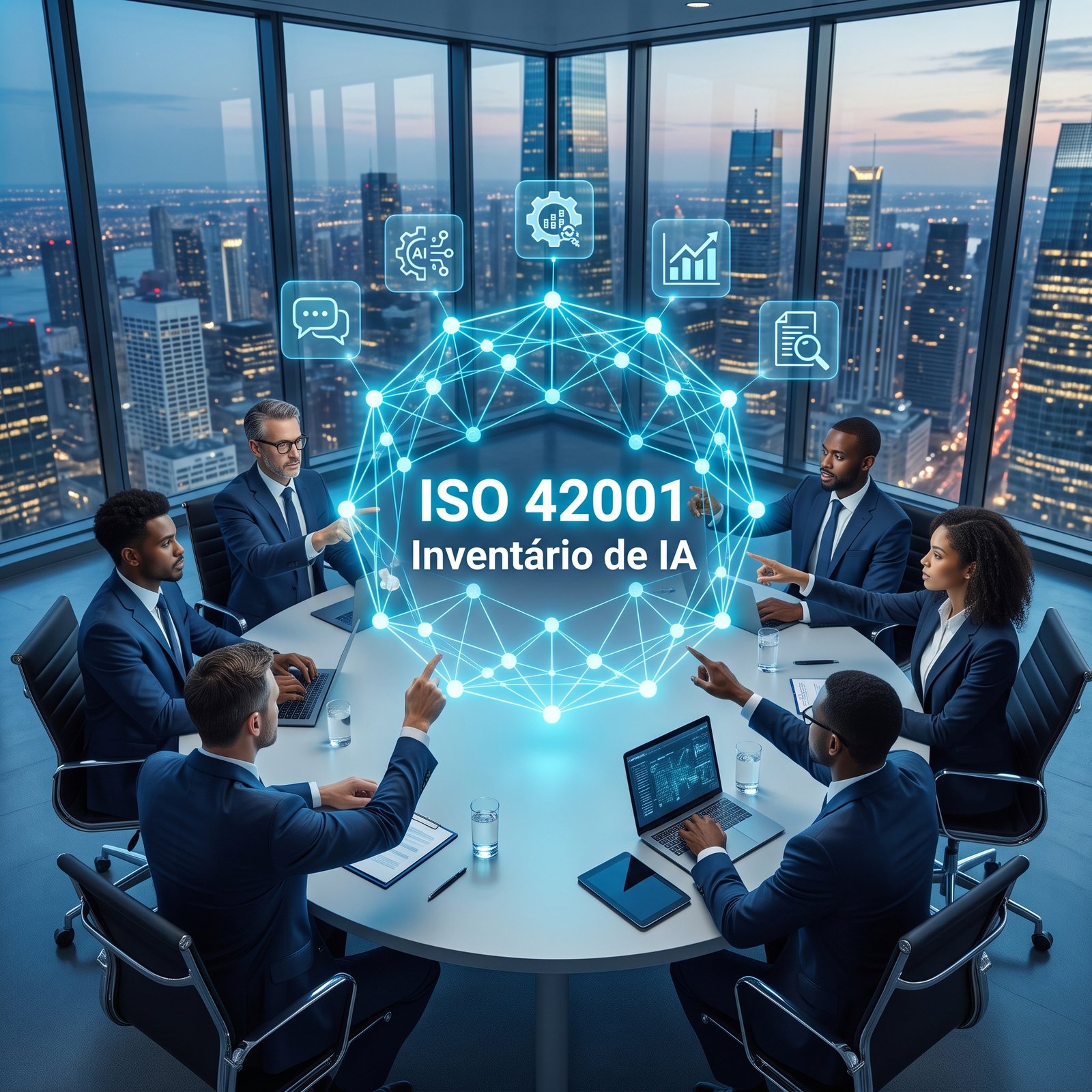 Executivos analisando um inventário de sistemas de IA sob a ISO 42001