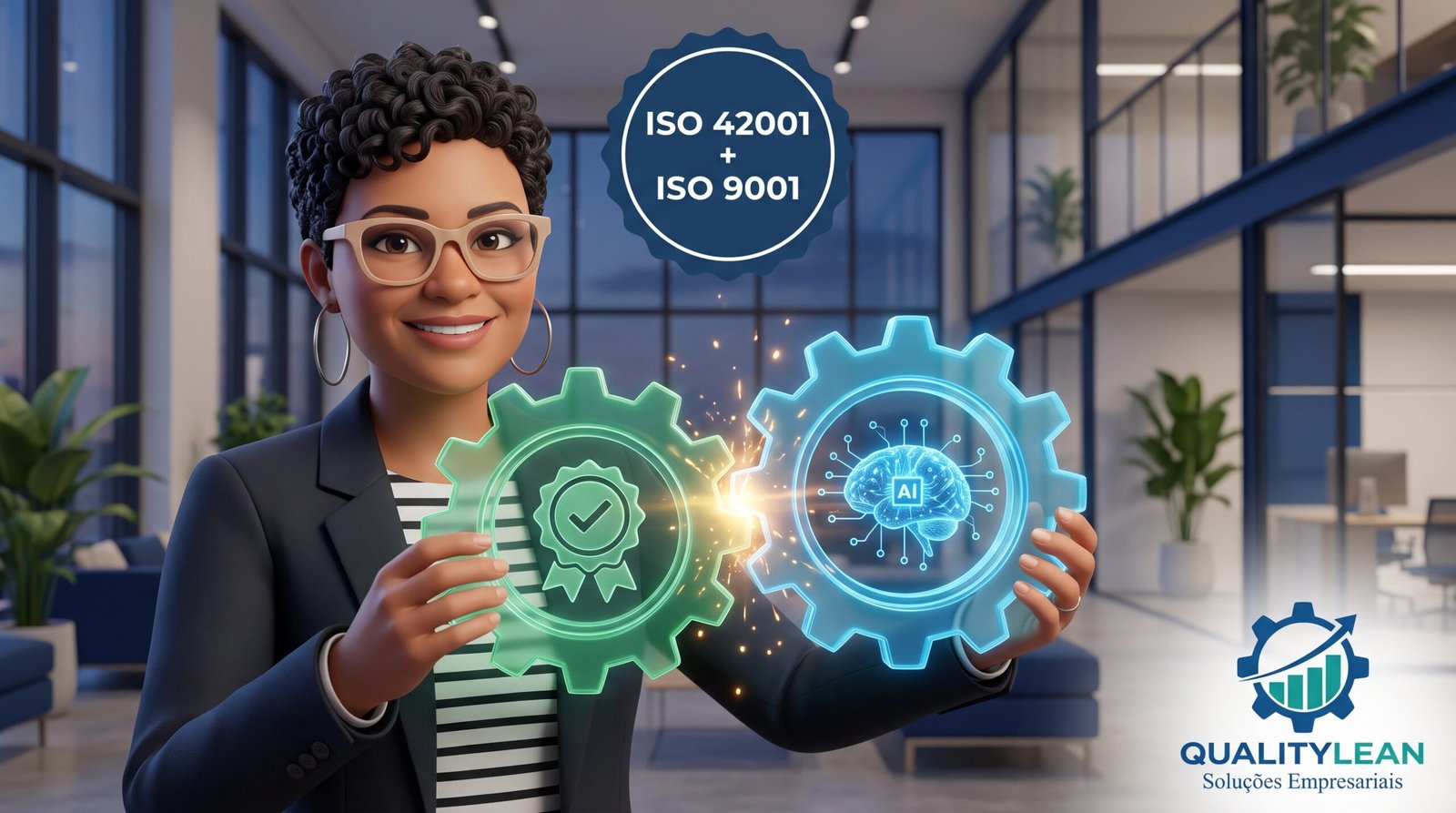 Consultora unindo duas engrenagens, uma da ISO 9001 e outra de IA da ISO 42001, ilustrando a integração dos sistemas de gestão