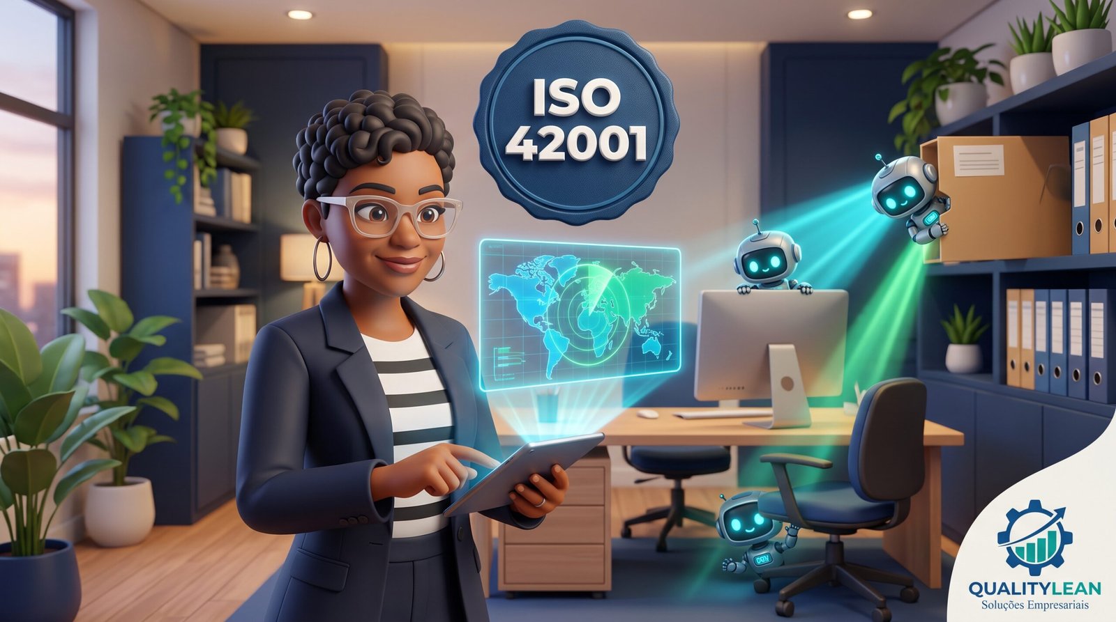 Consultora com tablet e mapa holográfico de riscos enquanto robôs de IA espiam o escritório, ilustração sobre riscos de IA e ISO 42001