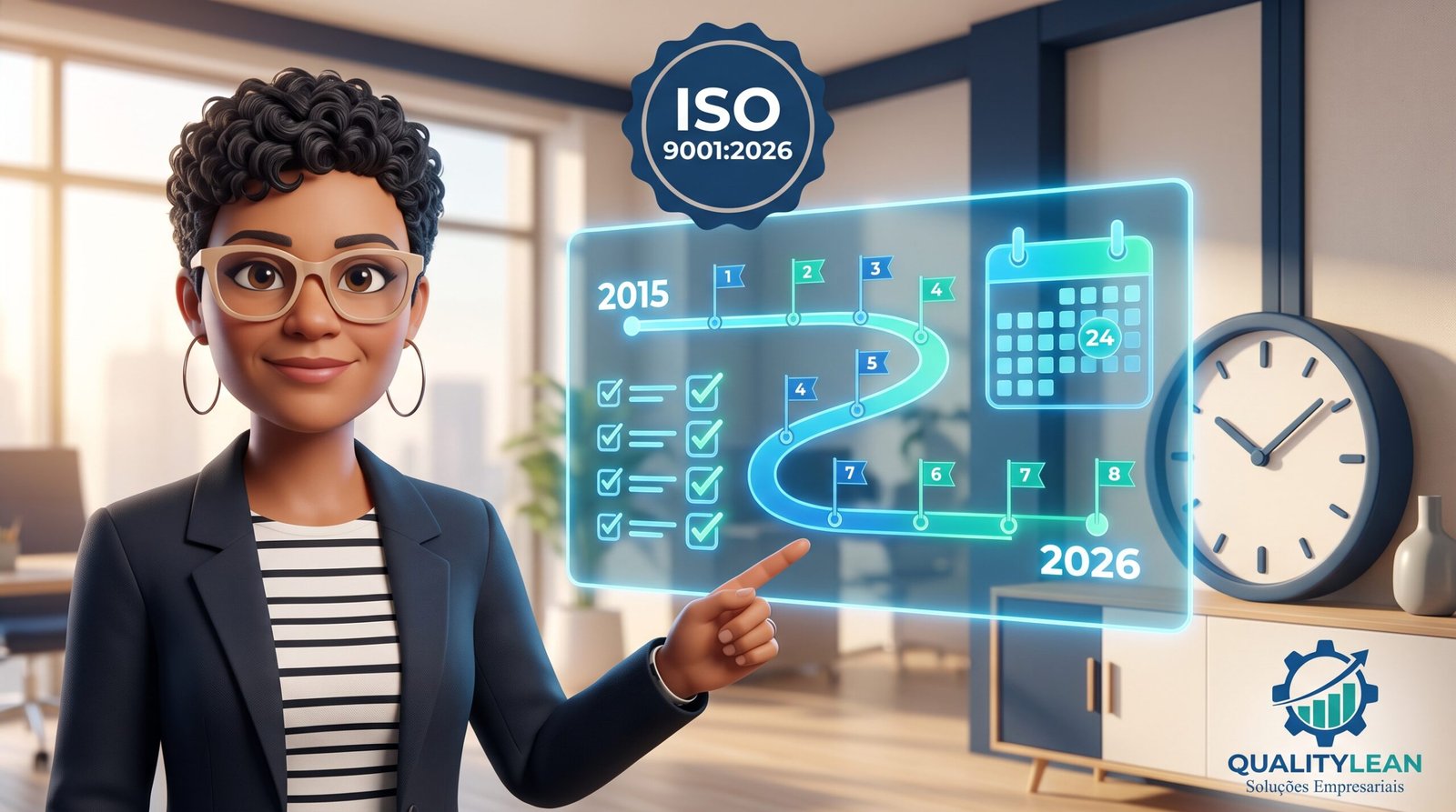 Consultora apontando para um roteiro holográfico de transição da ISO 9001:2015 para a ISO 9001:2026, com calendário e relógio