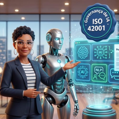 Robô de IA amigável perguntando quem responde por ele numa reunião de diretoria, ilustração sobre governança de IA e ISO 42001