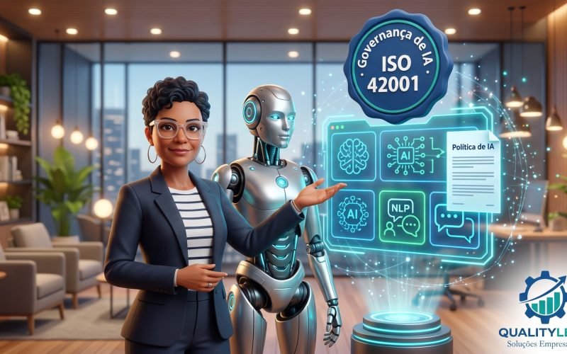 Robô de IA amigável perguntando quem responde por ele numa reunião de diretoria, ilustração sobre governança de IA e ISO 42001