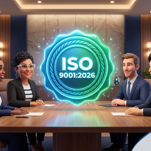 Liderança reunida em volta de um selo ISO 9001:2026, ilustração sobre cultura da qualidade e alta direção