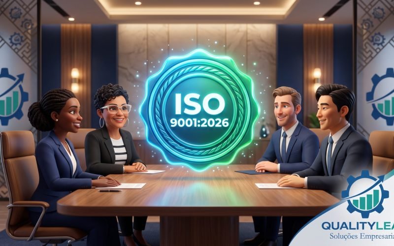Liderança reunida em volta de um selo ISO 9001:2026, ilustração sobre cultura da qualidade e alta direção
