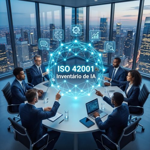 Executivos analisando um inventário de sistemas de IA sob a ISO 42001