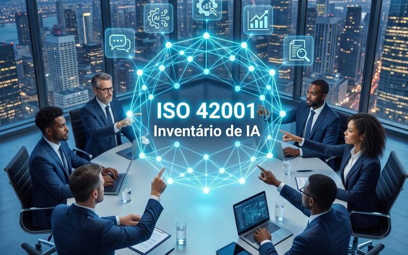 Executivos analisando um inventário de sistemas de IA sob a ISO 42001