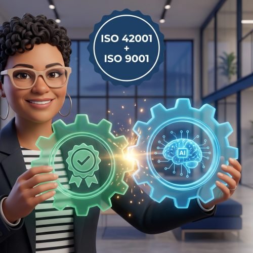 Consultora unindo duas engrenagens, uma da ISO 9001 e outra de IA da ISO 42001, ilustrando a integração dos sistemas de gestão