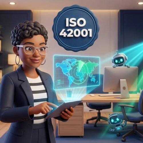 Consultora com tablet e mapa holográfico de riscos enquanto robôs de IA espiam o escritório, ilustração sobre riscos de IA e ISO 42001