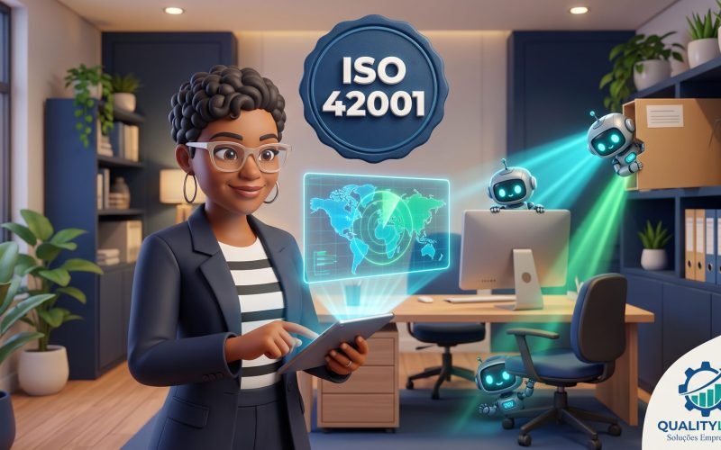 Consultora com tablet e mapa holográfico de riscos enquanto robôs de IA espiam o escritório, ilustração sobre riscos de IA e ISO 42001