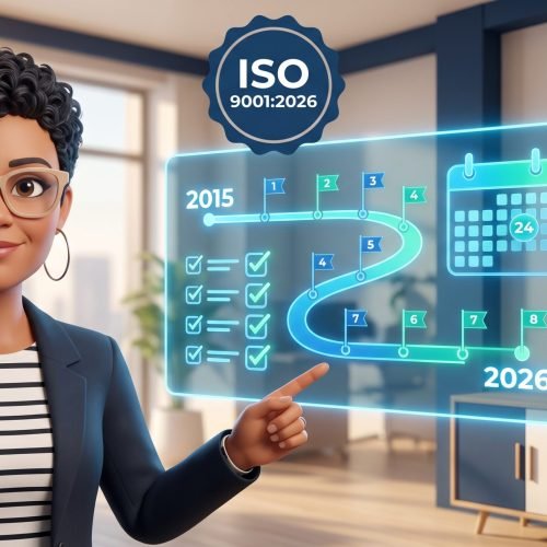 Consultora apontando para um roteiro holográfico de transição da ISO 9001:2015 para a ISO 9001:2026, com calendário e relógio