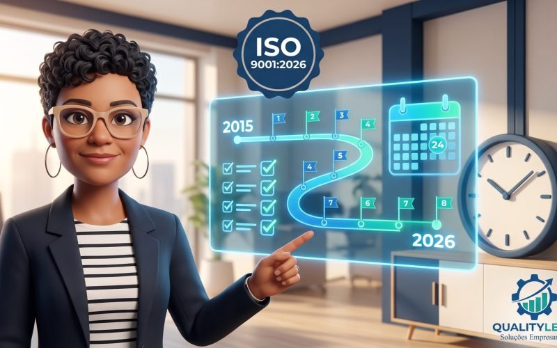 Consultora apontando para um roteiro holográfico de transição da ISO 9001:2015 para a ISO 9001:2026, com calendário e relógio
